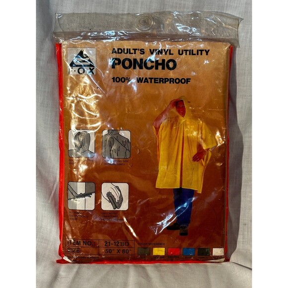 FOX Adult Vinyl Utility Poncho - Orange- Hooded- 100% Waterproof- New Old Stock - Picture 1 of 4